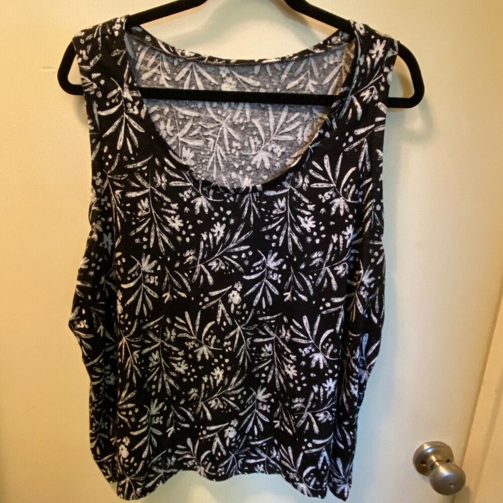 Garnet Hill Black White Floral Tank Top XL Organic Linen Sleeveless Flowy Blouse